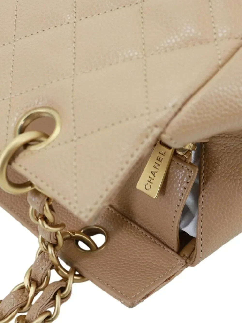 Chanel  Petite Timeless Quilted Caviar Leather Tote Bag Beige